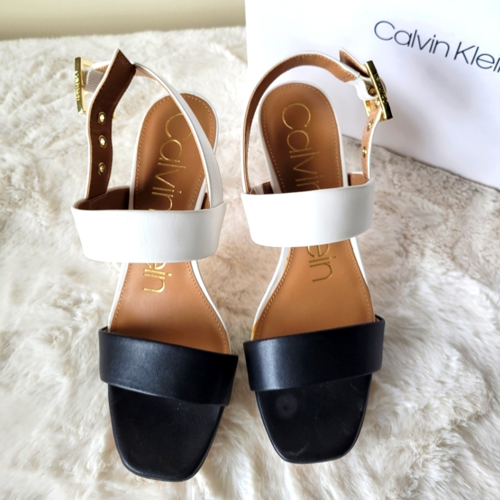Calvin Klein Black and White Leather Sandals